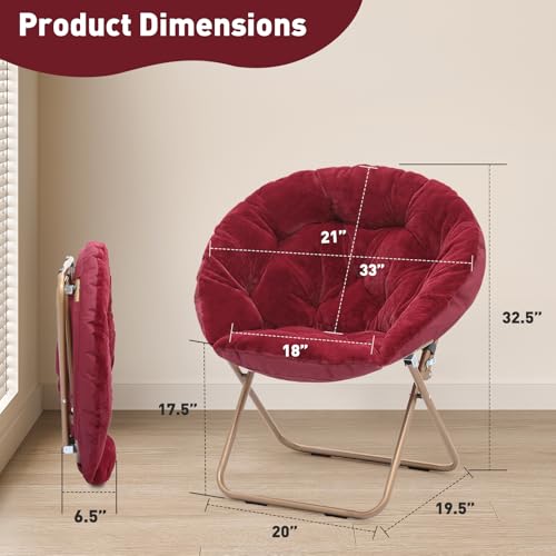 MoNiBloom Round Folding Faux Fur Saucer Chair for Bedroom Living Room Dorm Foldable Metal Frame Oversized Large Comfy Furry Padded Soft Lounge Lazy Cozy Moon Chair for Adults (Burgundy, 2 Pieces) - color: Burgundy