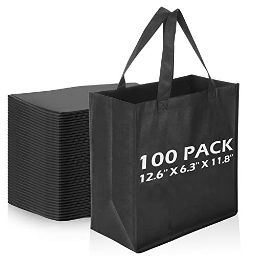 Reginary 100 PCS Reusable Totes Bags - Non Woven Grocery Handle Bags for Shop Events & Retail Store(Black) - color: Black