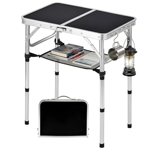 Folding Picnic Table 2ft Portable Camping Table Adjustable Heights Metal Aluminum Lightweight Foldable Small Outdoor Card Table with Carry Handle for Outside Indoor Camp Cooking BBQ Beach(Black) - color: Black