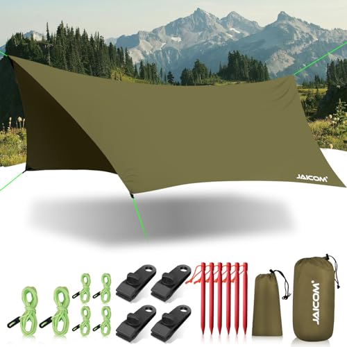 JAICOM Waterproof Hammock Rain Fly, Portable Camping Tarp - 12ft x 9.5ft Large Camp Tarp with Tent Stakes & Trap Clip & Guy Lines, Ultralight Shelter for Backpacking, Outdoor Shade - color: Army Green