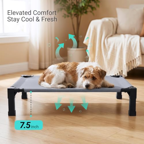 Niubya Elevated Outdoor Dog Bed, Cooling Elevated Pet Cot, Steel-Framed and Non-Slip Feet, Raised Dog Bed with Waterproof, Washable, Breathable Teslin Mesh, 35in - color: Grey, size: 35"l X 25"w X 7.5"h