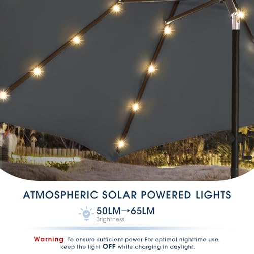 wikiwiki 10FT Solar Led Patio Umbrella with Base Included, 32 LED Lights, 8 Sturdy Ribs, Fade Resistant Waterproof POLYESTER DTY Canopy for Garden, Lawn, Deck, Backyard & Pool, Dark Gray - color: Dark Gray, size: 10FT