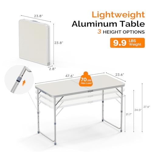 VINGLI 4FT White Folding Table with Carrying Handle Height Adjustable Lightweight Fold Up Portable for Indoor Outdoor Picnic,Camping,Hiking,Fishing,BBQ … - color: White, size: 4ft