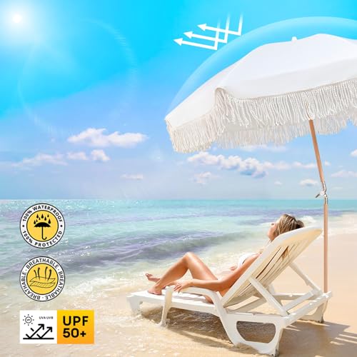 Lefedrasticity Boho Outdoor Umbrella with Tassels,6ft Table Umbrella Outdoor Patio with Knobs Tilt,Wind Resistant Portable Beach Umbrella UPF50+ Fringe Umbrellas For Pool Backyard Deck Garden - color: White