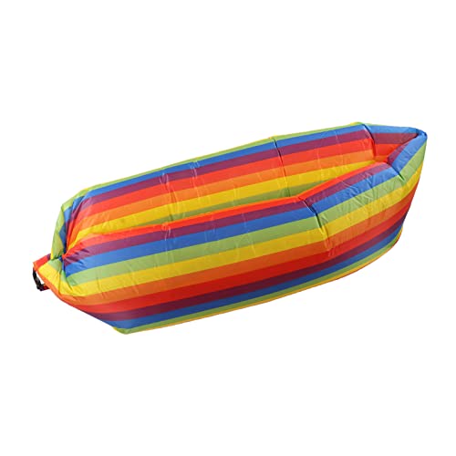 Inflatable Sofa, Portable Inflatable Lounger Couch with Tear 190T Polyester Fabric, No Pump Needed Wind Fill Design, Includes Storage Bag for Camping Garden (Rainbow) - color: Rainbow