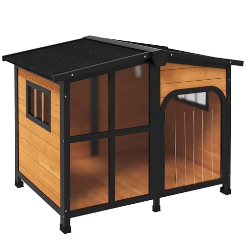 PawHut Outside Cabin-Style Wooden Dog House for Large Dogs with Openable Roof & Giant Window, Outdoor & Indoor Big Dog Shelter, Asphalt Roof, Yellow - color: Yellow