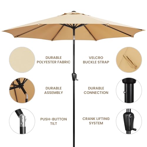 Sun-Ray 9' Round Patio Umbrella with Push-Button Tilt and Hand Crank Lift System, Market Umbrella for Porch, Deck, and Patio - color: Taupe