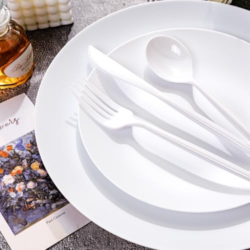 EI 150pcs White Plastic Plates Disposable,White Plate for Party,Disposable Frosted Plate with White Plastic Silverware,Heavy Duty Dinnerware set serves for 30,Perfect for Birthday Wedding Tea Party. - color: White Frosted Plastic Plates