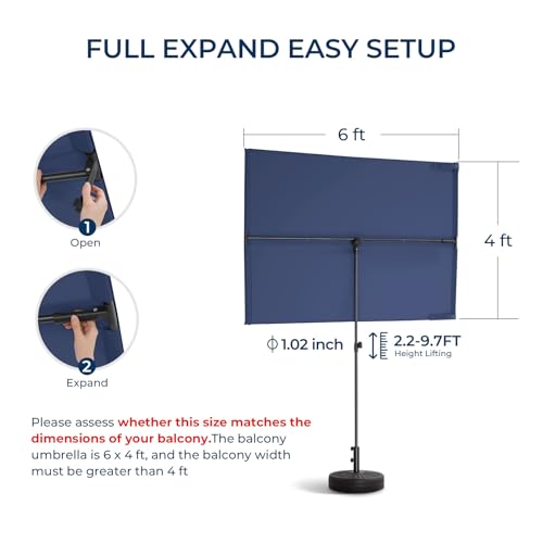 HOMSHADE 6x4ft Outdoor Balcony Umbrella - Flat Porch Pool Patio Umbrella Rectangular Canopy Shade UPF50+ UV Protection 360° Rotating & Tilting All Angles Applicable (Navy Blue, No Base) - color: Navy Blue