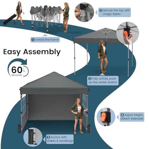 Raynesys Pop Up Canopy Tent with Sidewalls, 10x10ft 10 Person Party Tent One Push Setup, Portable Gazebo Outdoor Sun Shade for Events, Parties, Camping, Commercial, Silver Coated Top, Gray - color: Gray