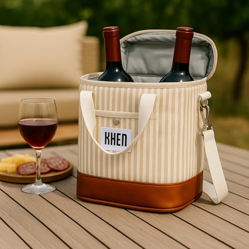 Khen 2 Bottle Wine Bag Carrier Tote - Leakproof & Insulated Padded, Leather Versatile Cooler Bag - Travel, Picnic, BYOB Restaurant, Party, Dinner, Gifts for Lovers, Portable Case, Gift for Men Women