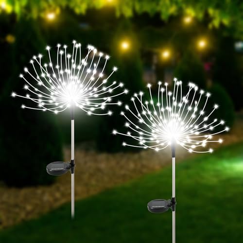 Slyuexu Solar Garden Lights Outdoor Waterproof, 2 Pack 120 LED Solar Firework Lights Decorative Garden Décor Outside for Flowerbed Pathway Party Christmas Decoration, White - color: White, size: 2 Pack