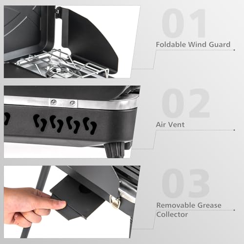 Giantex Portable Propane Grill & Camping Stove, 20,000 BTU Gas Camping Grill Burner, Independent Temperature Control, 3-Sided Wind Guard, Detachable Legs, for BBQ, Tailgating, Outdoor Cooking (Black) - color: Black