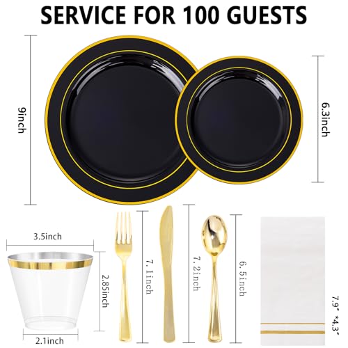 GATHER 700PCS Black Plastic Plates - Gold Disposable Plastic Dinnerware Set Include 200 6.3inch/9inch Black Plates, 300 Silverware, 100 Napkins, 100 Cups for Party & Wedding & Birthday - color: Black, size: 100 Guests