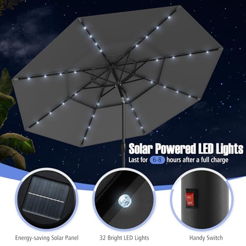 Tangkula 10 FT Solar LED Patio Umbrella, 3-Tier Vented Outdoor Market Table Umbrella with 32 LED Lights, Tilt Adjustment, Crank Handle, 8 Ribs for Backyard Pool Deck (Gray) - color: Gray