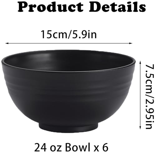Unbreakable Wheat Straw Cereal Bowls Set of 6, 24 oz Microwave and Dishwasher Safe Lightweight Soup and Salad Bowl Sets, Reusable Dessert Bowls for Rice, Pasta, Snack, Fruit, BPA Free (Black) - color: 6 Black