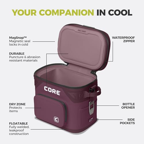 CORE Magnetic Leak Proof Soft Cooler with Waterproof Zipper | Insulated Bag Portable Ice Chest Box | Best Soft Cooler for Food & Beverages for Tailgating, Car Camping, Travel, and Family Beach Picnics - color: Mulberry, size: 12 Can