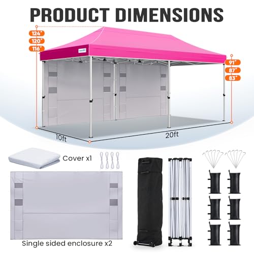 Quictent 10x20FT Heavy Duty Pop Up Canopy Tent, Commercial Easy up Portable Waterproof Shelter with Roller Bag for Outdoor Wedding Party Events Markets Gazebos - color: Fuchsia, size: 10X20