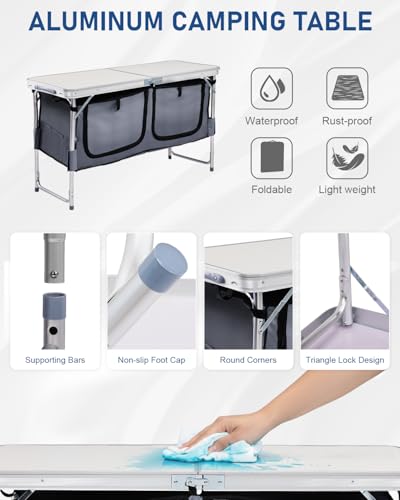Outvita Folding Table, 4FT Aluminum Camping Table with Large Storage Space and Adjustable Height Picnic Table Lightweight for Carring Outdoor Party Events Beach - color: White, style: With gray storage bag