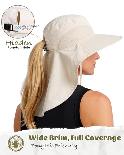 Camptrace Sun Hats for Women Men UPF 50+ UV Protection Wide Brim Hiking Fishing Hat with Neck Flap - color: 01-hot Color Beige