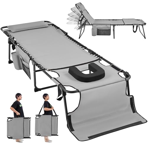 Yaheetech 26.4" Tanning Chair with Face Hole, Adjustable 5-Position Folding Chaise Lounge Chairs, Outdoor Lounge Chairs for Lawn, Beach, Patio, Gray - color: Grey, size: 26.4"