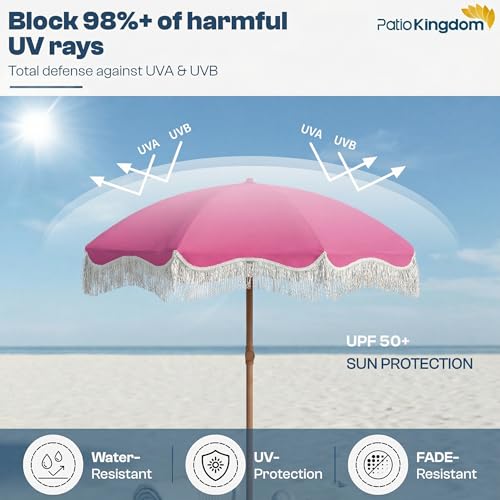 7ft Patio Umbrella with Fringe, Boho Beach Umbrellas, Outdoor Tassels Umbrellas with Push Button Tilt & Carrying Bag, 8 Windproof Fiberglass Ribs, UPF50+ - color: Rose Pink