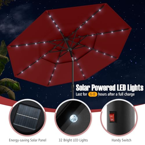 Tangkula 10 FT Solar LED Patio Umbrella, 3-Tier Vented Outdoor Market Table Umbrella with 32 LED Lights, Tilt Adjustment, Crank Handle, 8 Ribs for Backyard Pool Deck (Wine) - color: Wine