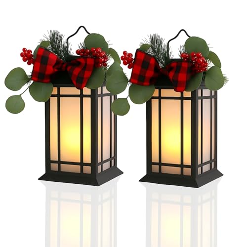 Bdor 13-Inch IP65 Waterproof Battery-Powered Christmas Lantern with Led Flameless Candle and 6-Hour Timer - Decorative Lantern for Patio & Garden(2 Pack) - color: Christmas Black