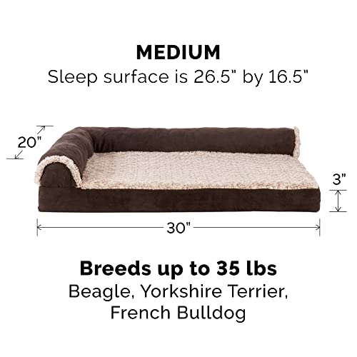 Furhaven Cooling Gel Dog Bed for Medium/Small Dogs w/ Removable Bolsters & Washable Cover, For Dogs Up to 35 lbs - Two-Tone Plush Faux Fur & Suede L Shaped Chaise - Espresso, Medium - color: (Two-Tone Faux Fur & Suede) Espresso, size: Medium