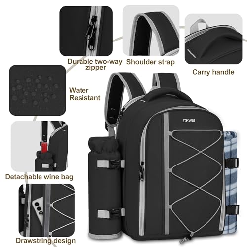 Picnic Backpack for 4 Persons with Insulated Leakproof Cooler Compartment, Cutlery Sets, Wine Holder, Fleece Blanket, Wedding Gifts for Couples, Perfect for Beach, Camping, Hiking, Black - color: Black