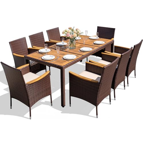 Devoko Outdoor Patio Dining Sets 9 Pieces Wicker Outdoor Dining Table and Chairs Set with Acacia Wood Table Top and Widened Armrests for Backyard, Garden, Deck (Brown) - color: Brown, style: 9 Piece Dining Set