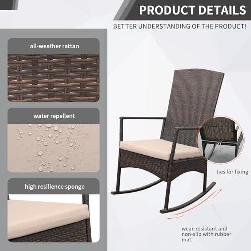 Outdoor Rocking Chair 3 Pieces High-Backed Rocking Chair Patio Rocking Chairs Outdoor Table, Khaki - color: Khaki