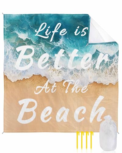 Beach Blanket Sandproof Oversized 118" x 108" Summer Beach Ocean Waterproof Quick Drying Sand Free Mat Watercolor Waves Picnic Blankets for Outdoor Travel Camping Hiking Park - color: Gold Blue White, size: 118''x108''