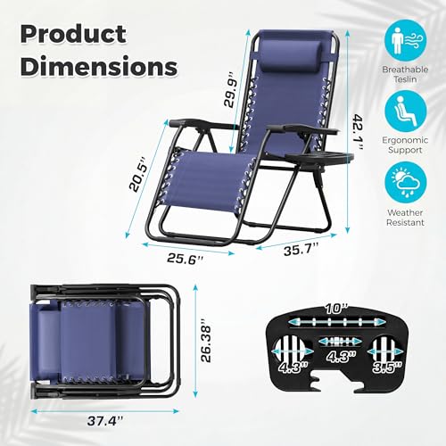 Homall Zero Gravity Chair Patio Folding Lawn Outdoor Lounge Gravity Camp Reclining Lounge Chair with Cup Holder Pillows for Poolside Backyard and Beach Set of 4 (Blue) - color: Blue, size: 4 PCS