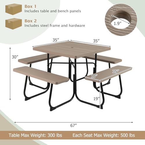Giantex Picnic Table Bench Set for 8 Persons, Square Outdoor Table and Bench with Umbrella Hole, HDPE Top & Metal Frame, 2000LBS Capacity, Patio Table Set for Deck Yard Garden, Coral Reef - color: Coral Reef, size: Square-35"x35"x30"