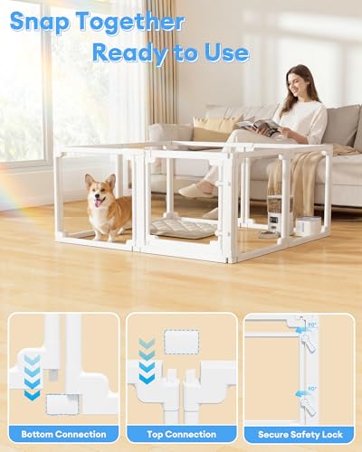 Clear Acrylic Dog Playpen Indoor,Tool-Free Assembly & Easy Clean,24 in Puppy Playpen with Door for Small Dogs/Cats/Rabbits/Pigs/Ferret,Indoor and Outdoor Use,8 Panels(White