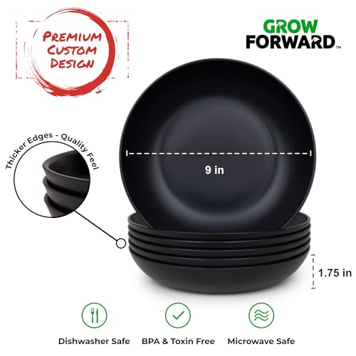 Grow Forward Premium Wheat Straw Pasta Bowls - 42oz Unbreakable Wide & Shallow Dinner Plate Bowls Set of 6 - Microwave Safe Reusable Plastic Pasta Bowls for Kids, Adults, Salad, Camping, RV - Midnight - color: Midnight Black, size: 42oz