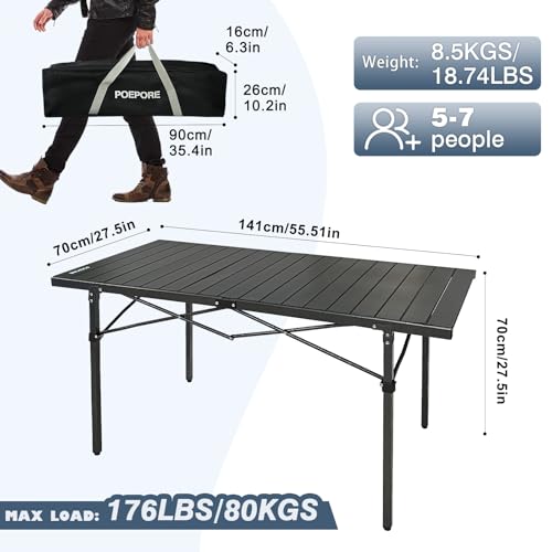 Large Folding Camping Table Aluminum for 5-7 People 55"X27.5" Roll Up Tall Outdoor Portable Table Lightweight with Carry Bag for Picnic BBQ Backyard Beach Black - color: Black-55*27.5-2.75in Panel