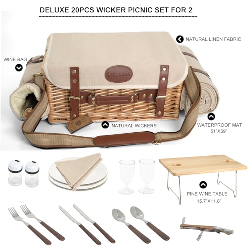Multifunctional Wicker Picnic Basket Set for 2 with Blanket and Picnic Table, Insulated Picnic Set with Full Tablewares for Camping Outdoor Couples,Natural - color: Natural With Blanket &Table for 2