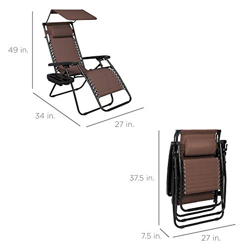 Best Choice Products Folding Zero Gravity Outdoor Recliner Patio Lounge Chair w/Adjustable Canopy Shade, Headrest, Side Accessory Tray, Textilene Mesh - Brown - color: Brown, size: Standard