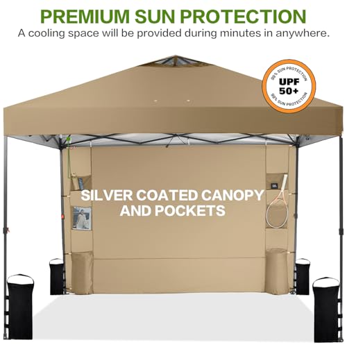 Tunbne 10'x10' Pop Up Canopy Tent with 1 Sidewall and 6 Pockets, One Push Setup, Instant Shade Tent with Vented Roof for Beach Patio Outdoor, Case, 8 Stakes, 4 Ropes, 4 Sandbags (Khaki, 10x10) - color: Khaki, size: 10x10