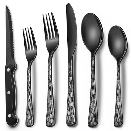 EWFEN 24-Piece Black Silverware Set with Steak Knives, Black Flatware Set for 4, Food-Grade Stainless Steel Tableware Cutlery Set, Mirror Finished Utensil Sets for Home Restaurant, Tree Pattern - style: Tree Pattern
