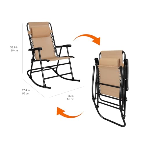Amazon Basics Outdoor Portable Folding Rocking Chair with Headrest, Ergonomic Design, Weather-resistant Patio Reclining Lounge Chair for Porch, 33.6 x 37.4 x 26 inch, Beige - color: Beige