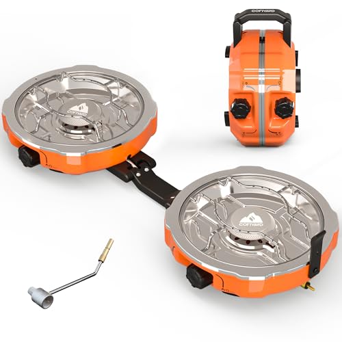 Cofiyard 20,000 BTUs 2 Burner Propane Camping Stove, Portable Folding Camp Stove with Adjustable Burners, Regulator and Carrying Bag, Dual Gas Stoves Easy Carrying Handle for Tailgating, Camping, BBQ - color: Orange