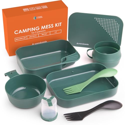 Camping Mess Kit with Plate, Bowl, Cup, Spork and Utensils, Reusable Plastic Camping Dinnerware Set, Lightweight BPA Free Dishware for Backpacking, Hiking, Picnic, Travel, Outdoor - size: 2 Person Kit