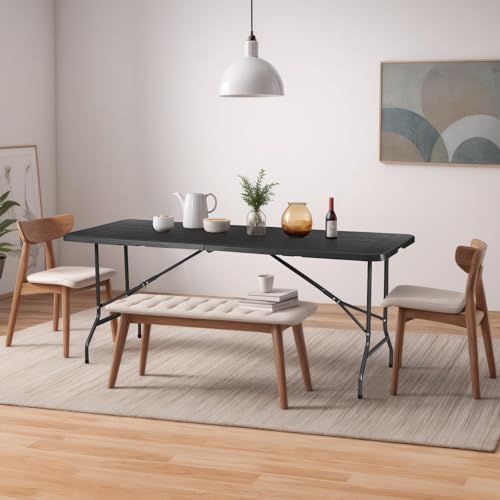 JupiterForce 6ft Plastic Folding Table, Indoor Outdoor Portable Heavy Duty Foldable Camping Table, Fold-in-Half Utility Table Dining Picnic Table for Party Wedding Event, Black - color: Black, size: 6FT