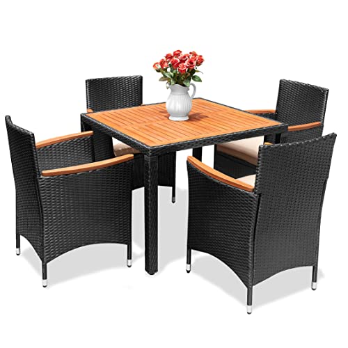 Flamaker 5 Piece Patio Dining Set Outdoor Acacia Wood Table and Chairs with Soft Cushions Wicker Patio Furniture for Deck, Backyard, Garden - color: Black, size: 5 Piece