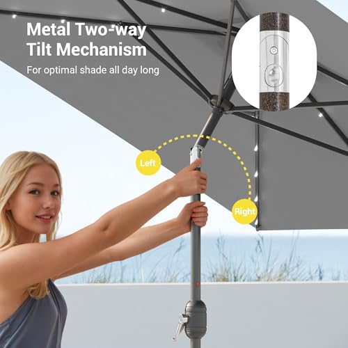 Rectangle Patio Umbrella with Solar Lights, 10 x 6.5ft Rectangular Outdoor Umbrella Table Market Patio Umbrella with Push Button Tilt and Crank for Garden, Deck, Backyard, Pool - color: Senior Ash