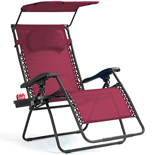 Goplus Zero Gravity Chairs, X-Large Folding Lounge Lawn Chair w/Canopy Shade & Cup Holder, Adjustable Folding Patio Recliner for Pool Porch Deck Oversize (Wine) - color: Wine Zero Gravity Chair