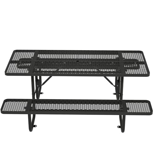 72'' Rustic Metal Picnic Table for Outdoors, Heavy Duty Steel Patio Dining Set with Built-in Benches & Umbrella Hole, Easy Assembly Mesh Outdoor Furniture for Garden, Deck, Courtyard BBQ, Black - color: Black